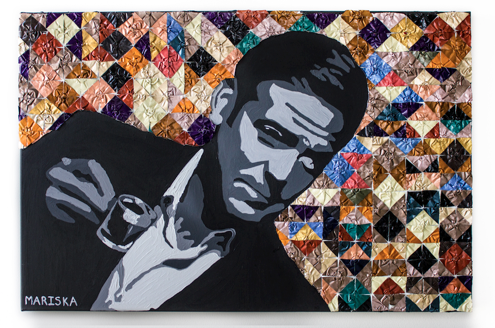 What Else George?: A portrait of George Clooney with a kaleidoscope effect in the background created using Nespresso capsules